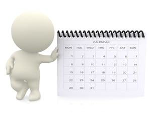 3D guy leaning on a calendar - isolated over a white background