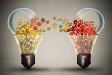 Idea exchange concept. Ideas agreement Investing in business innovation and financial commerce backing of creativity. Open lightbulb icon with gear mechanisms. Funding potential innovative growth-3