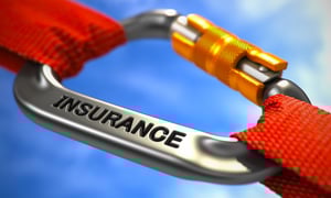 Strong Connection between Chrome Carabiner and two Red Ropes Symbolising the Insurance. Selective Focus.-1