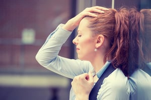 portrait stressed sad young woman outdoors. City urban life style stress-1